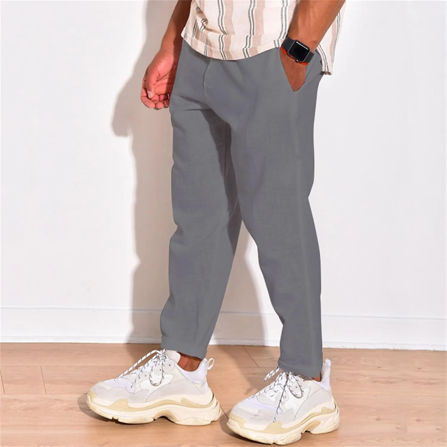 Men's Linen Cotton Pants Casual Beach Trousers Fit Elastic Waist Joggers Drawstring Pants for All Season