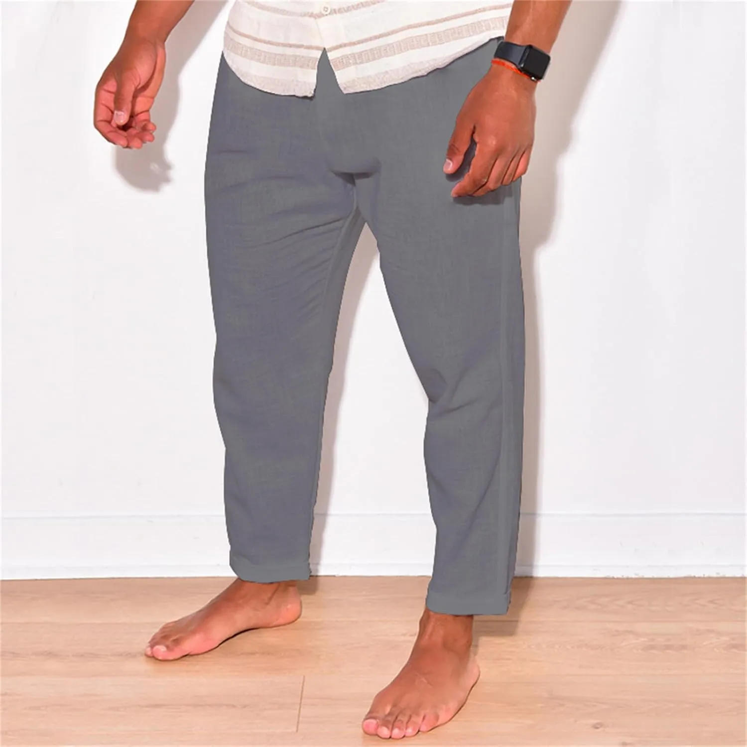 Men's Linen Cotton Pants Casual Beach Trousers Fit Elastic Waist Joggers Drawstring Pants for All Season