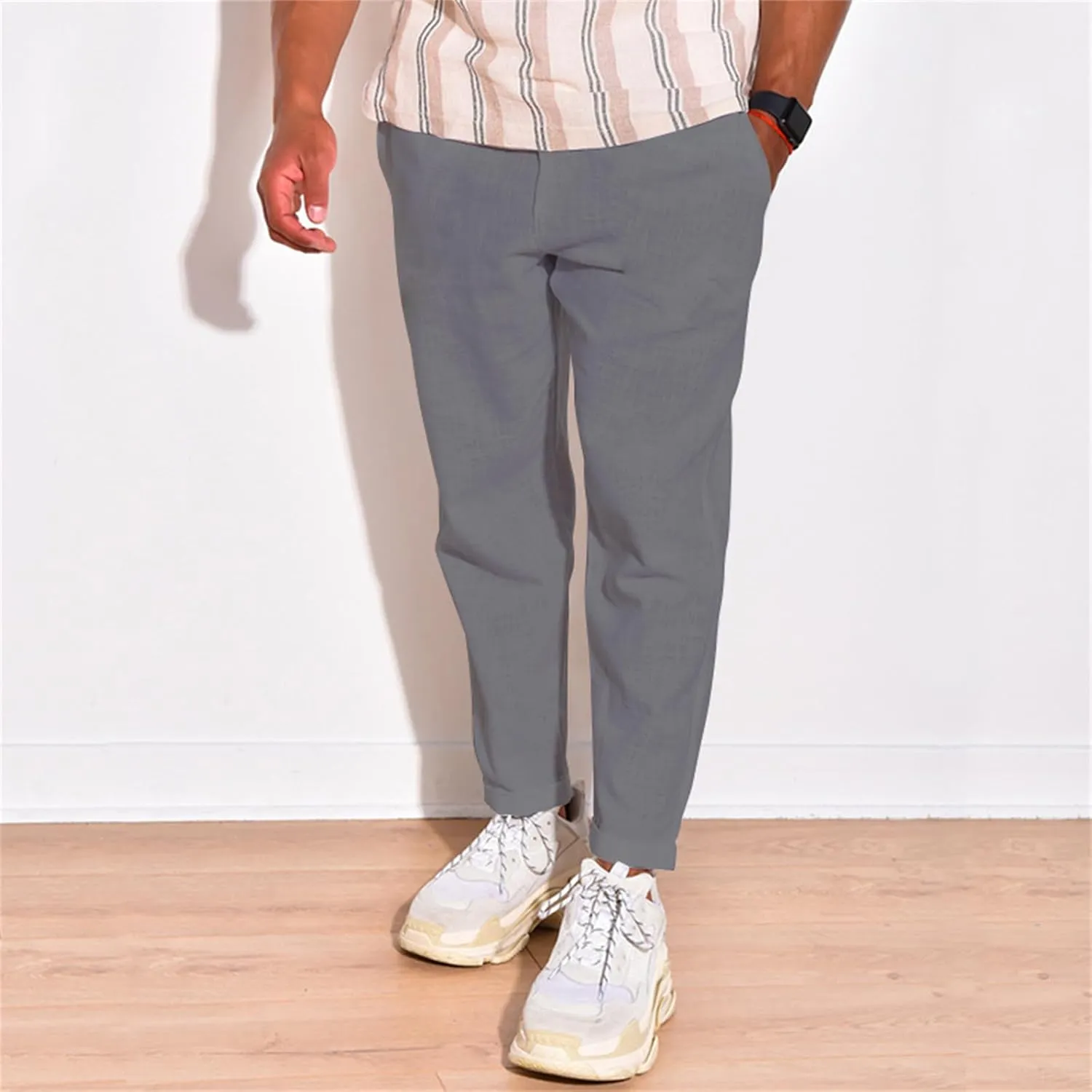 Men's Linen Cotton Pants Casual Beach Trousers Fit Elastic Waist Joggers Drawstring Pants for All Season