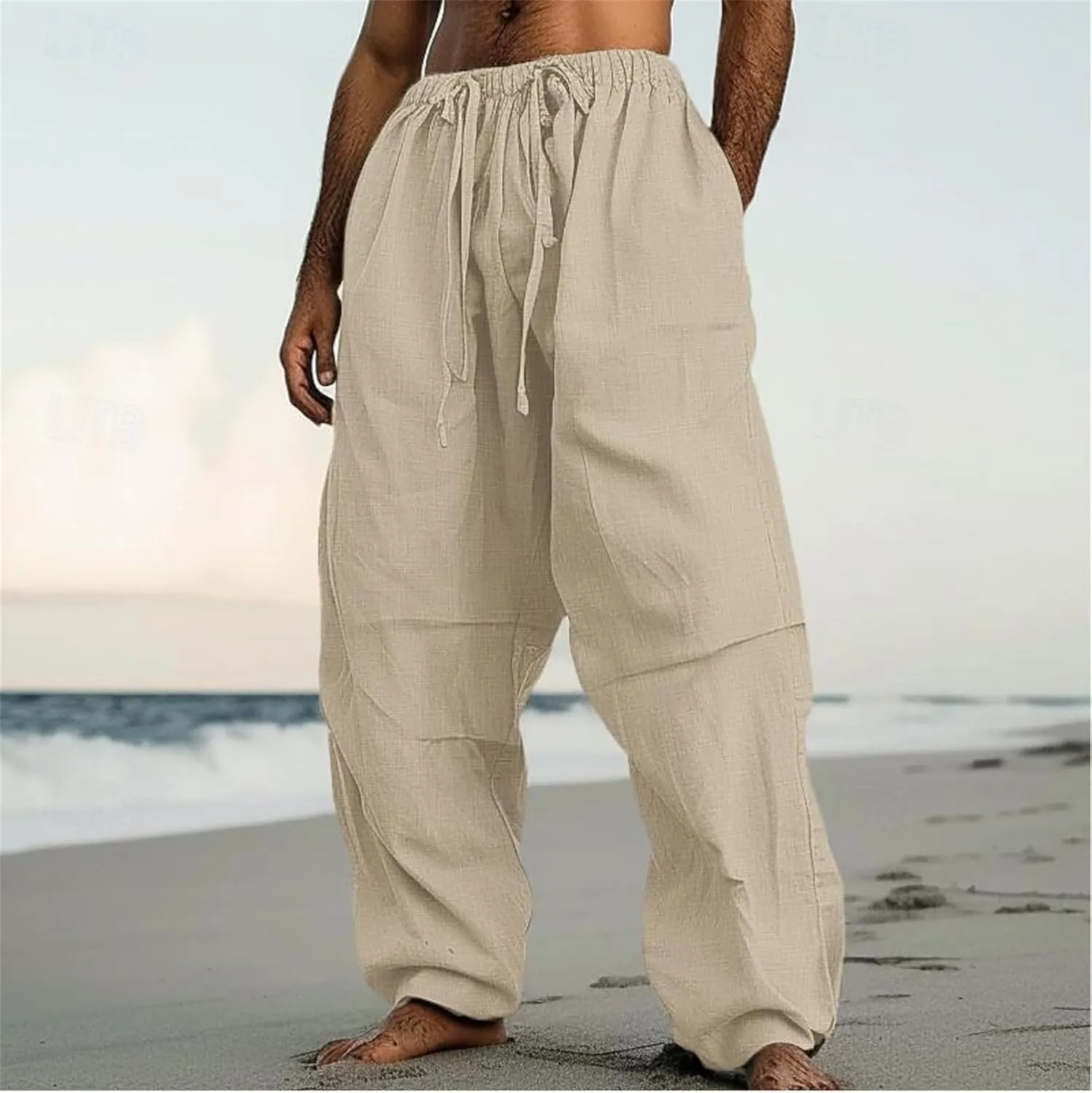Men's Linen Harem Pants Drawstring Casual Elastic Waist Lightweight Wide Leg Trousers Hippie Style with Pockets for Beach