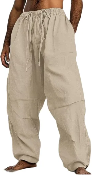 Men's Linen Harem Pants Drawstring Casual Elastic Waist Lightweight Wide Leg Trousers Hippie Style with Pockets for Beach