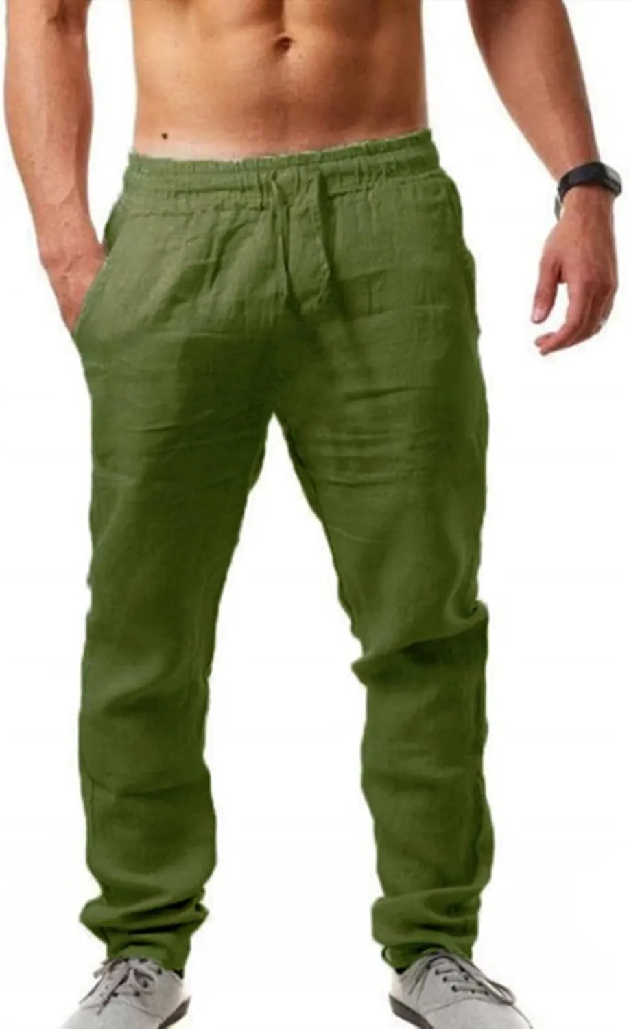 Men's Linen Pants Lightweight Breathable Loose Fit Elastic Drawstring Waist Quick Dry for Yoga Beach Casual Wear