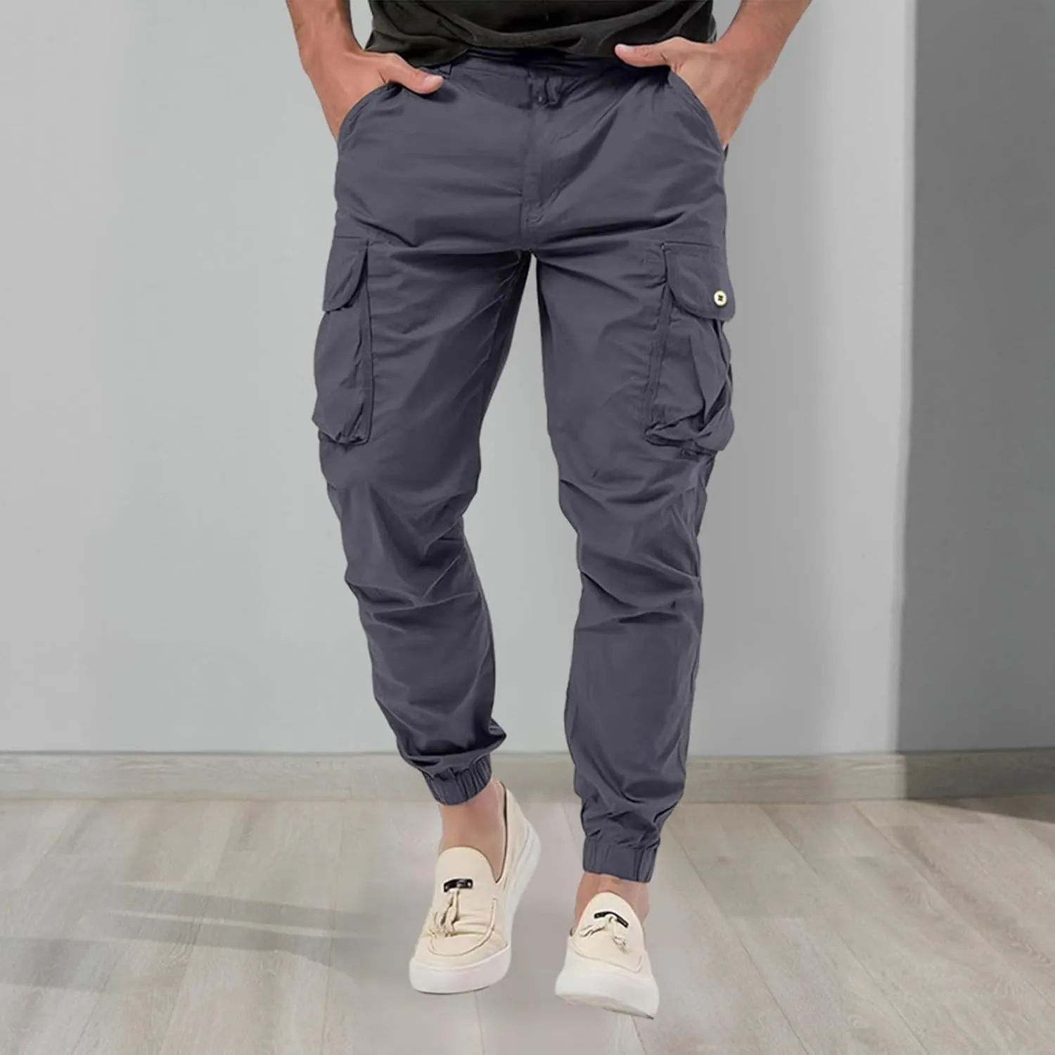 Men's Stretch Cargo Pants Outdoor Hiking Tapered Pants Solid Color Slim Fit Trousers Lightweight Baggy Work Trousers