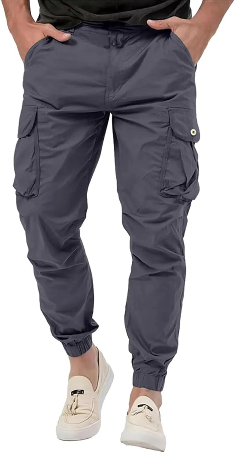 Men's Stretch Cargo Pants Outdoor Hiking Tapered Pants Solid Color Slim Fit Trousers Lightweight Baggy Work Trousers