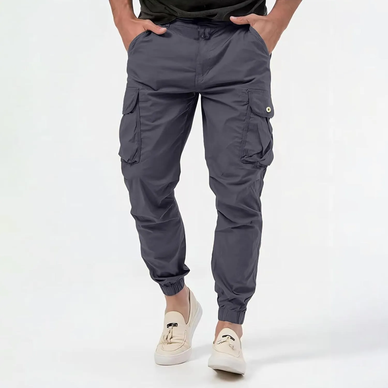 Men's Stretch Cargo Pants Outdoor Hiking Tapered Pants Solid Color Slim Fit Trousers Lightweight Baggy Work Trousers