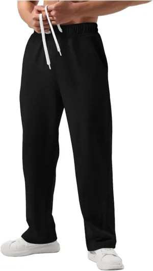 Mens Sweatpants Open Bottom Baggy Casual Drawstring Straight Leg Sweat Pants Joggers Gym Athletic Trousers