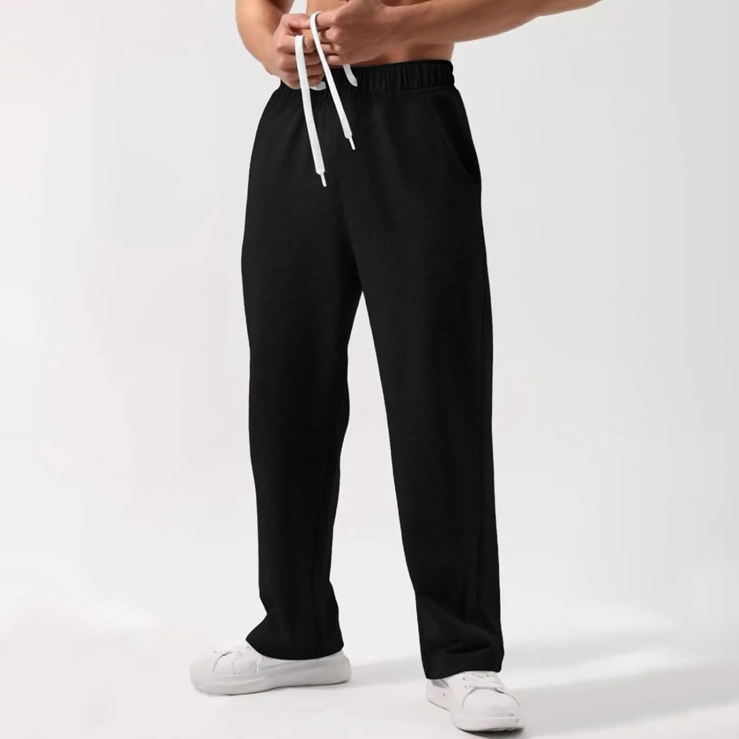 Mens Sweatpants Open Bottom Baggy Casual Drawstring Straight Leg Sweat Pants Joggers Gym Athletic Trousers