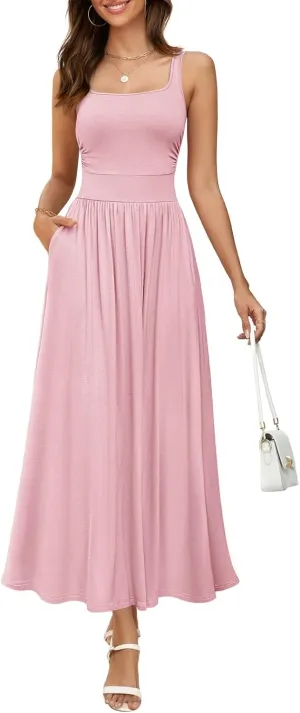 MEROKEETY Women's 2025 Summer Sleeveless Tank Dress Casual Square Neck Flowy Maxi Sundress with Pockets