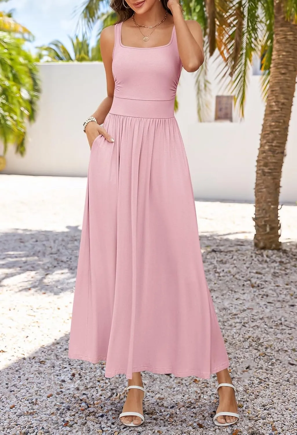 MEROKEETY Women's 2025 Summer Sleeveless Tank Dress Casual Square Neck Flowy Maxi Sundress with Pockets