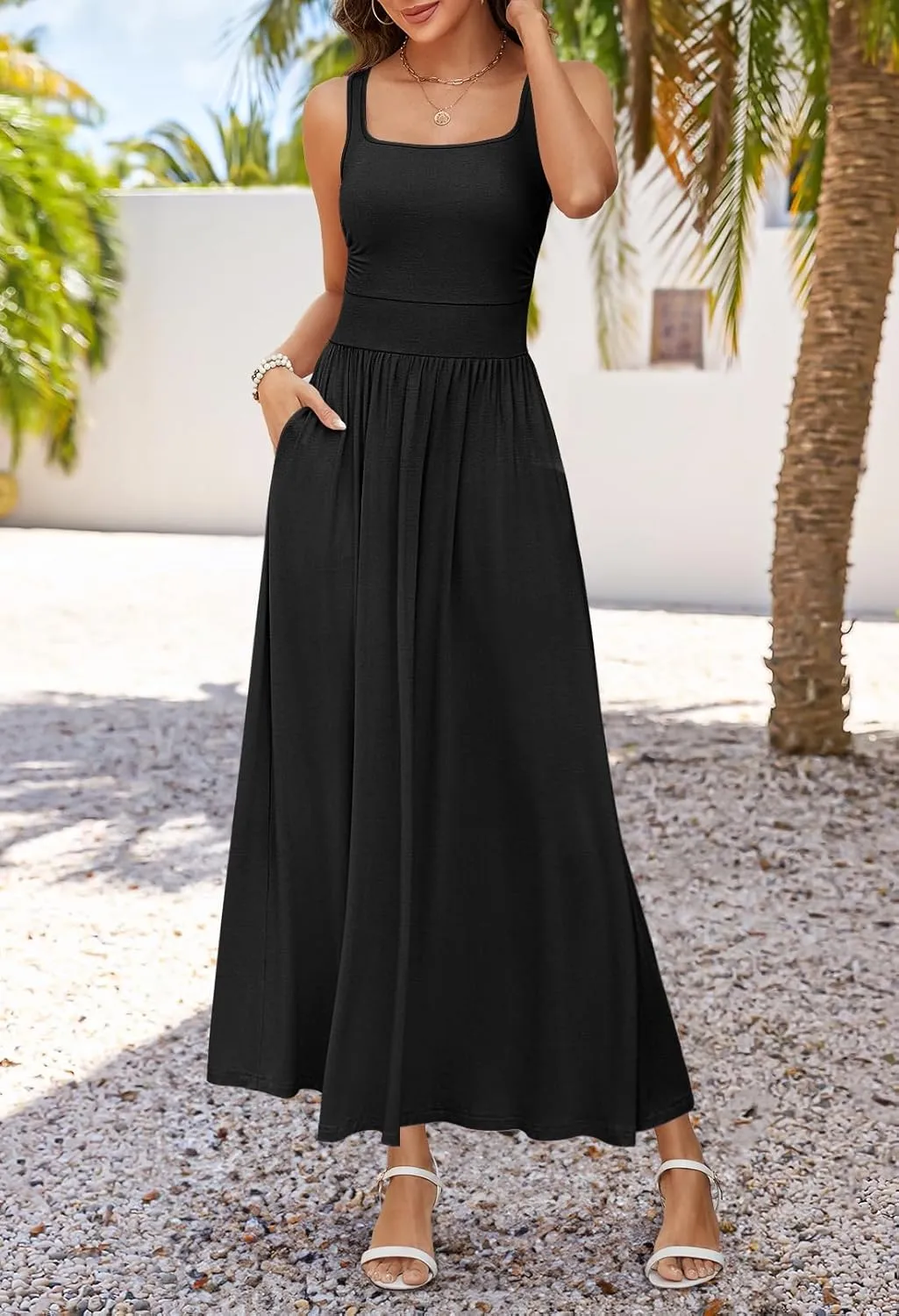MEROKEETY Women's 2025 Summer Sleeveless Tank Dress Casual Square Neck Flowy Maxi Sundress with Pockets