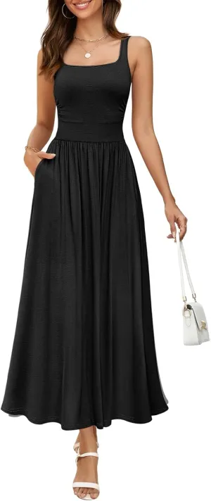 MEROKEETY Women's 2025 Summer Sleeveless Tank Dress Casual Square Neck Flowy Maxi Sundress with Pockets