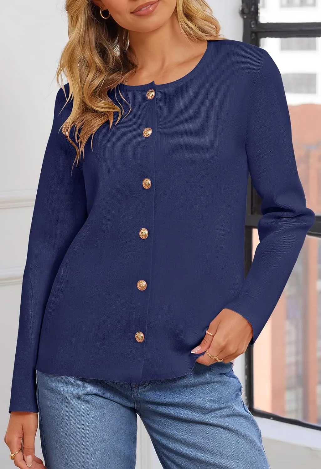 MEROKEETY Women's Button Down Knit Cardigan Sweaters Long Sleeve Crew Neck Solid Color Basic Jacket