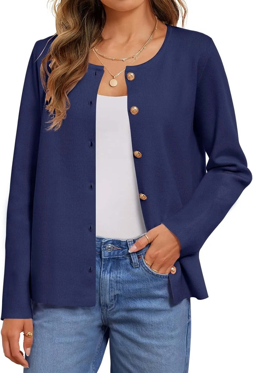 MEROKEETY Women's Button Down Knit Cardigan Sweaters Long Sleeve Crew Neck Solid Color Basic Jacket