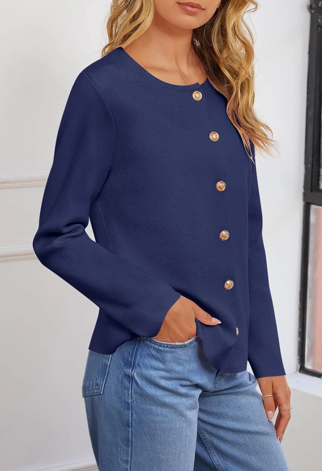 MEROKEETY Women's Button Down Knit Cardigan Sweaters Long Sleeve Crew Neck Solid Color Basic Jacket