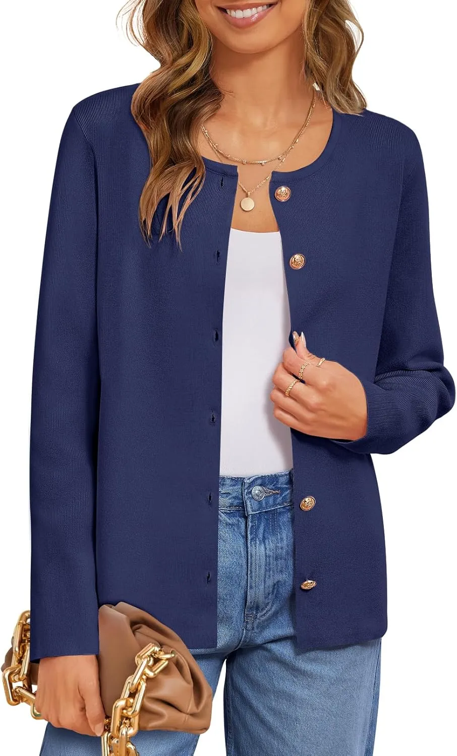 MEROKEETY Women's Button Down Knit Cardigan Sweaters Long Sleeve Crew Neck Solid Color Basic Jacket
