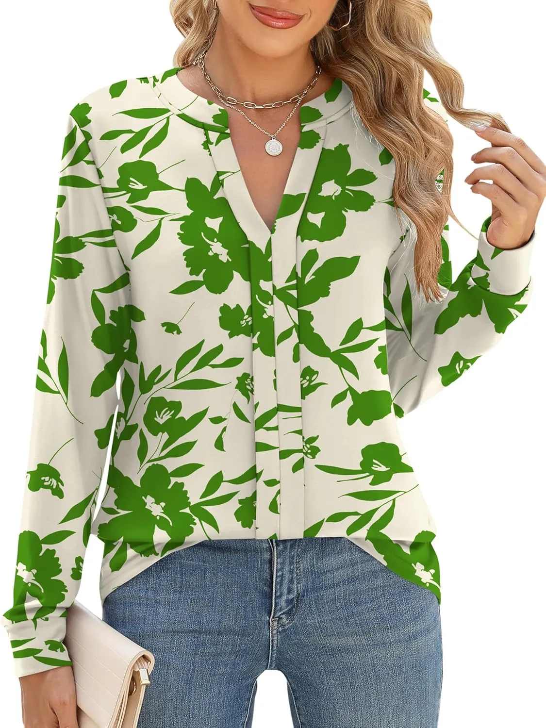 Micoson Womens Tops Dressy Casual Long Sleeve Business Shirts V Neck Pleated Work Blouses Loose Fit Fall Trendy Knit Top