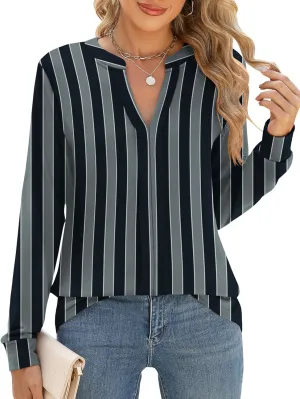 Micoson Womens Tops Dressy Casual Long Sleeve Business Shirts V Neck Pleated Work Blouses Loose Fit Fall Trendy Knit Top