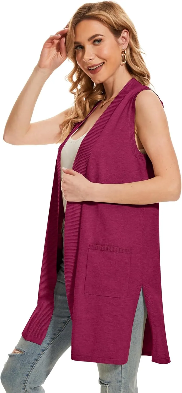 Moss Rose Long Vest for Women Sleeveless Lightweight Open Front Cardigans Ribbed Knit Outwear with Pockets