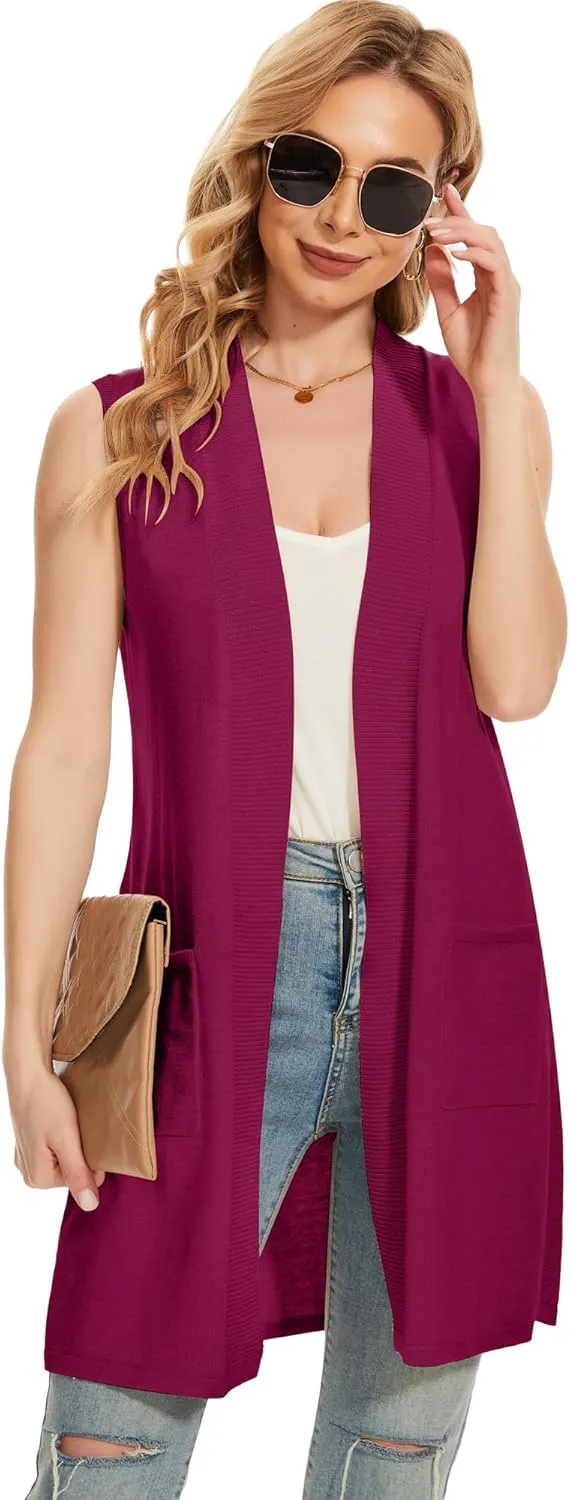Moss Rose Long Vest for Women Sleeveless Lightweight Open Front Cardigans Ribbed Knit Outwear with Pockets