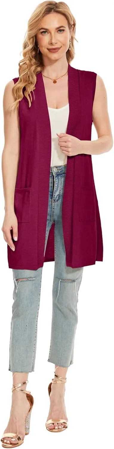 Moss Rose Long Vest for Women Sleeveless Lightweight Open Front Cardigans Ribbed Knit Outwear with Pockets