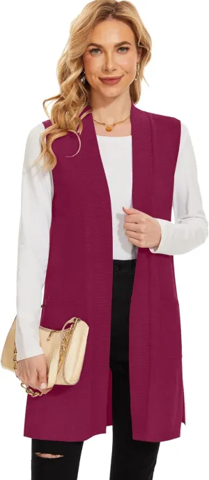 Moss Rose Long Vest for Women Sleeveless Lightweight Open Front Cardigans Ribbed Knit Outwear with Pockets
