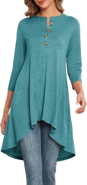 Naggoo Women's 3/4 Sleeve T-Shirts Crew Neck Buttons High Low Loose Casual Long Tunic Tops Blouses S-3XL