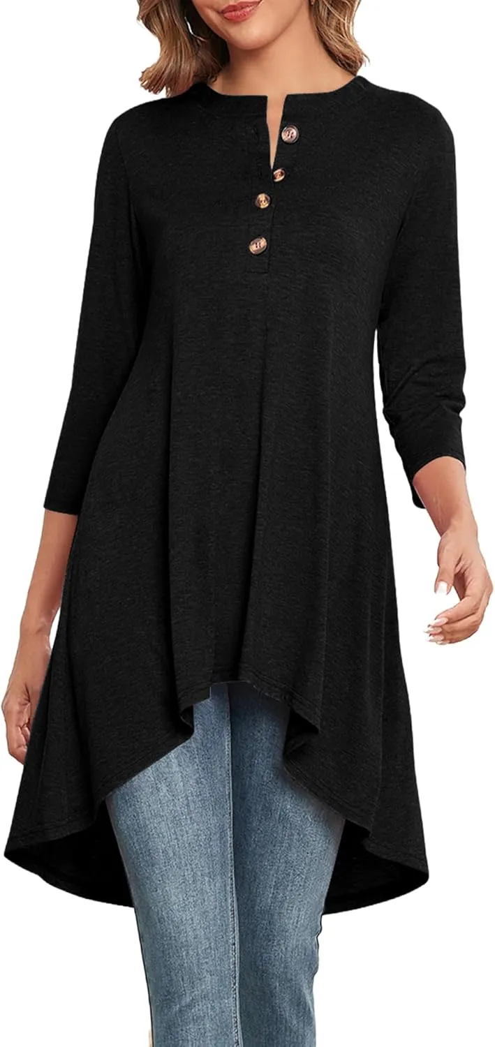 Naggoo Women's 3/4 Sleeve T-Shirts Crew Neck Buttons High Low Loose Casual Long Tunic Tops Blouses S-3XL