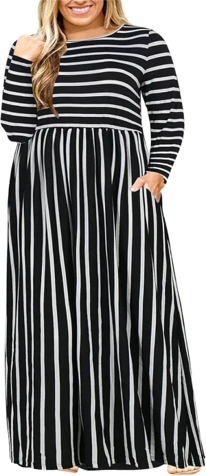 Nemidor Women Long Sleeve Loose Plain Casual Plus Size Long Maxi Dress with Pockets