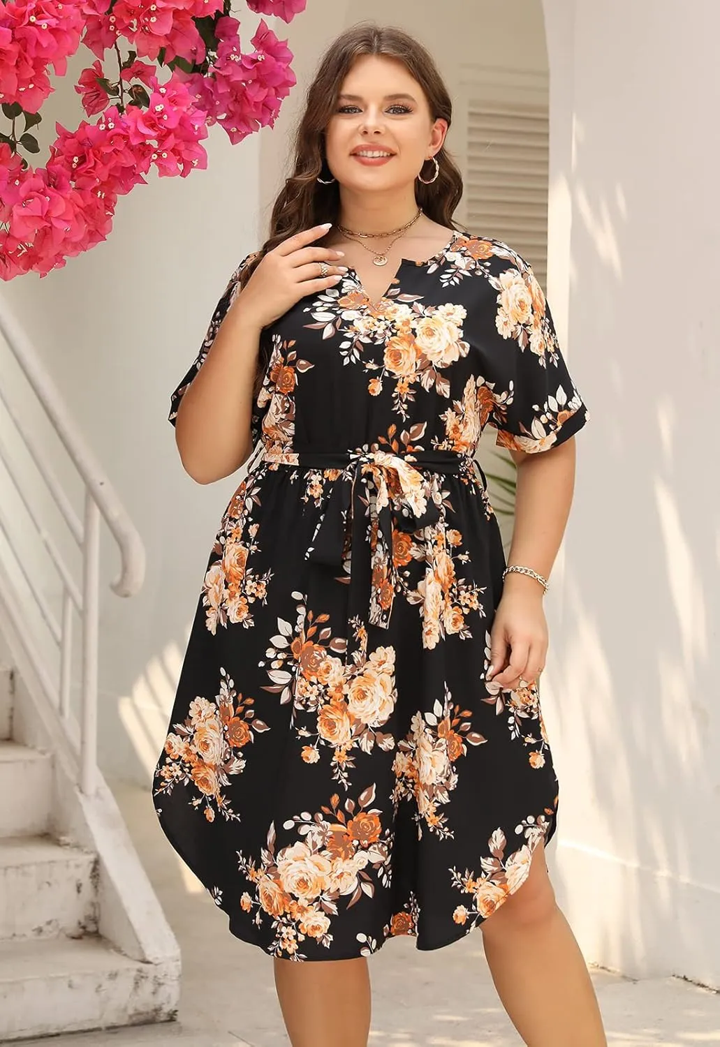 Nemidor Womens Casual Plus Size Summer Boho Floral Print Swing Midi Dress with Pockets NEM306