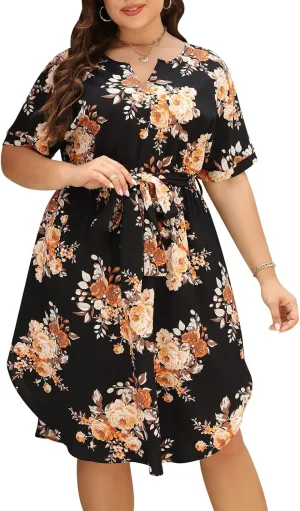 Nemidor Womens Casual Plus Size Summer Boho Floral Print Swing Midi Dress with Pockets NEM306