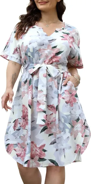 Nemidor Womens Casual Plus Size Summer Boho Floral Print Swing Midi Dress with Pockets NEM306