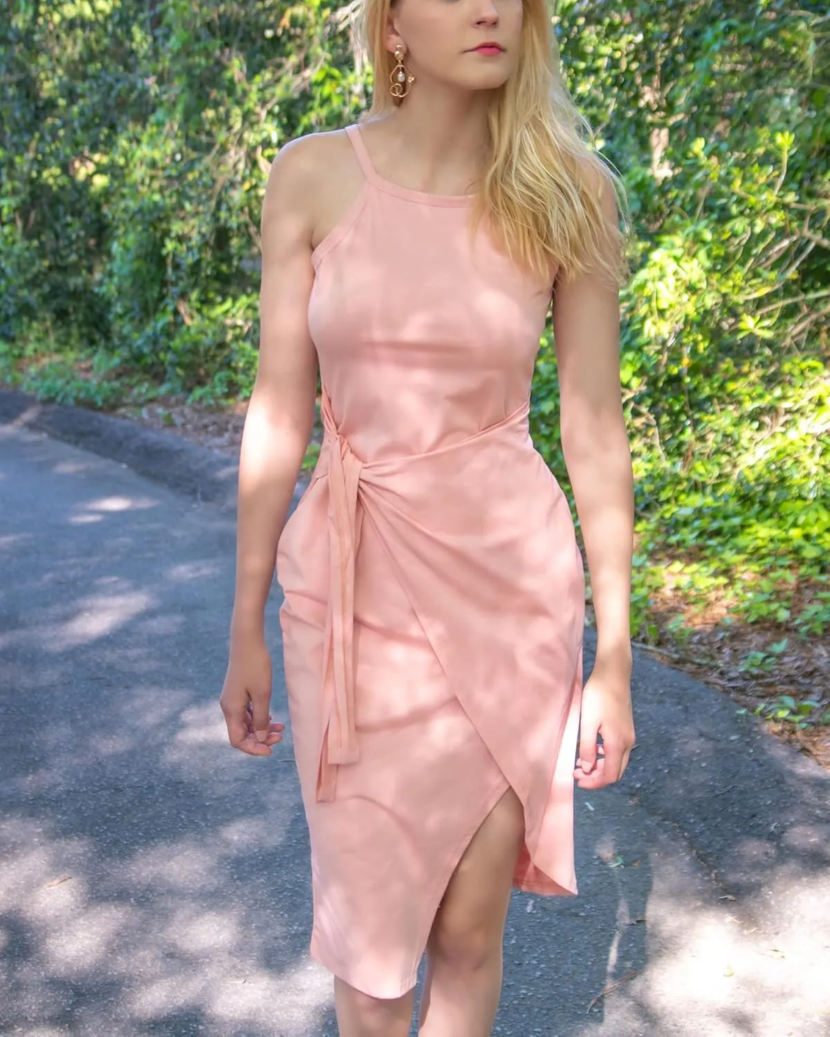 NOLLSOM Women Casual Sleeveless Striped Tank Midi Dresses Halter Neck Ruched Bodycon Dresses Tie Waist T Shirt Summer Dress