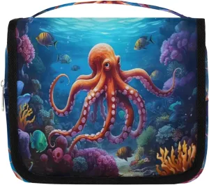 Octopus Red Hanging Travel Toiletry Bag Kit Makeup Case Cosmetics Organizer Under the Sea Toiletry Bag for Women Make up Accessories Shampoo Body Cream Brushes Set