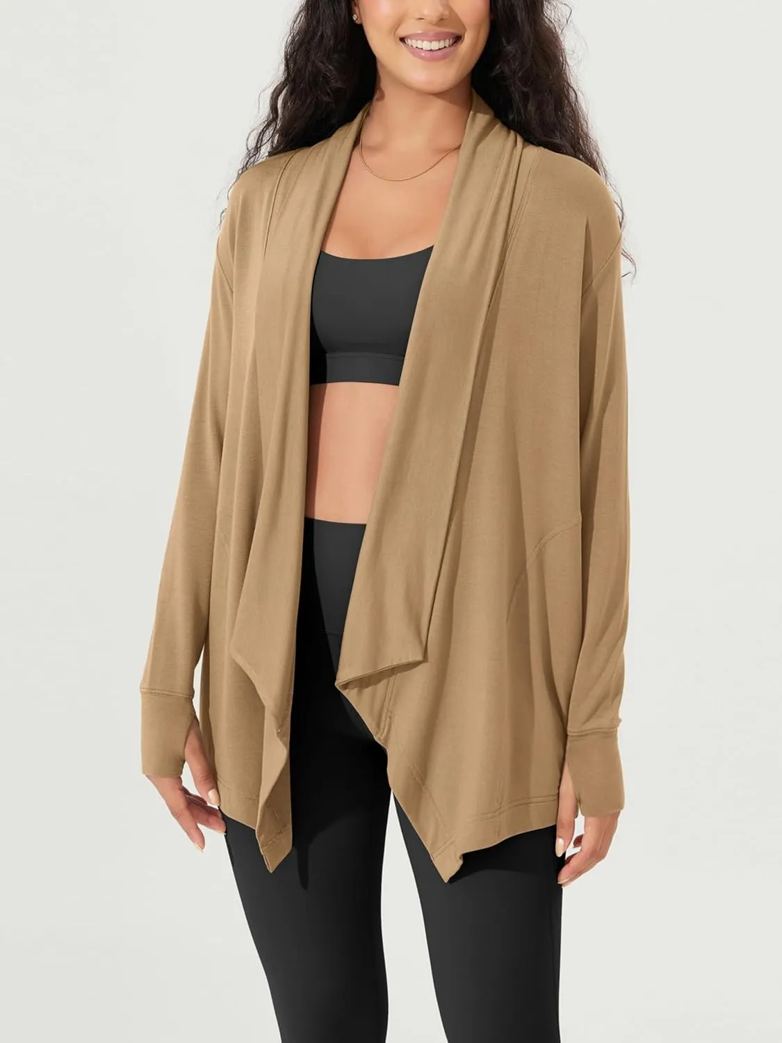 ODODOS Women's Drape Open Front Cardigans Cozy Soft Long Sleeve Casual Wrap Outerwear with Pockets Thumb Hole