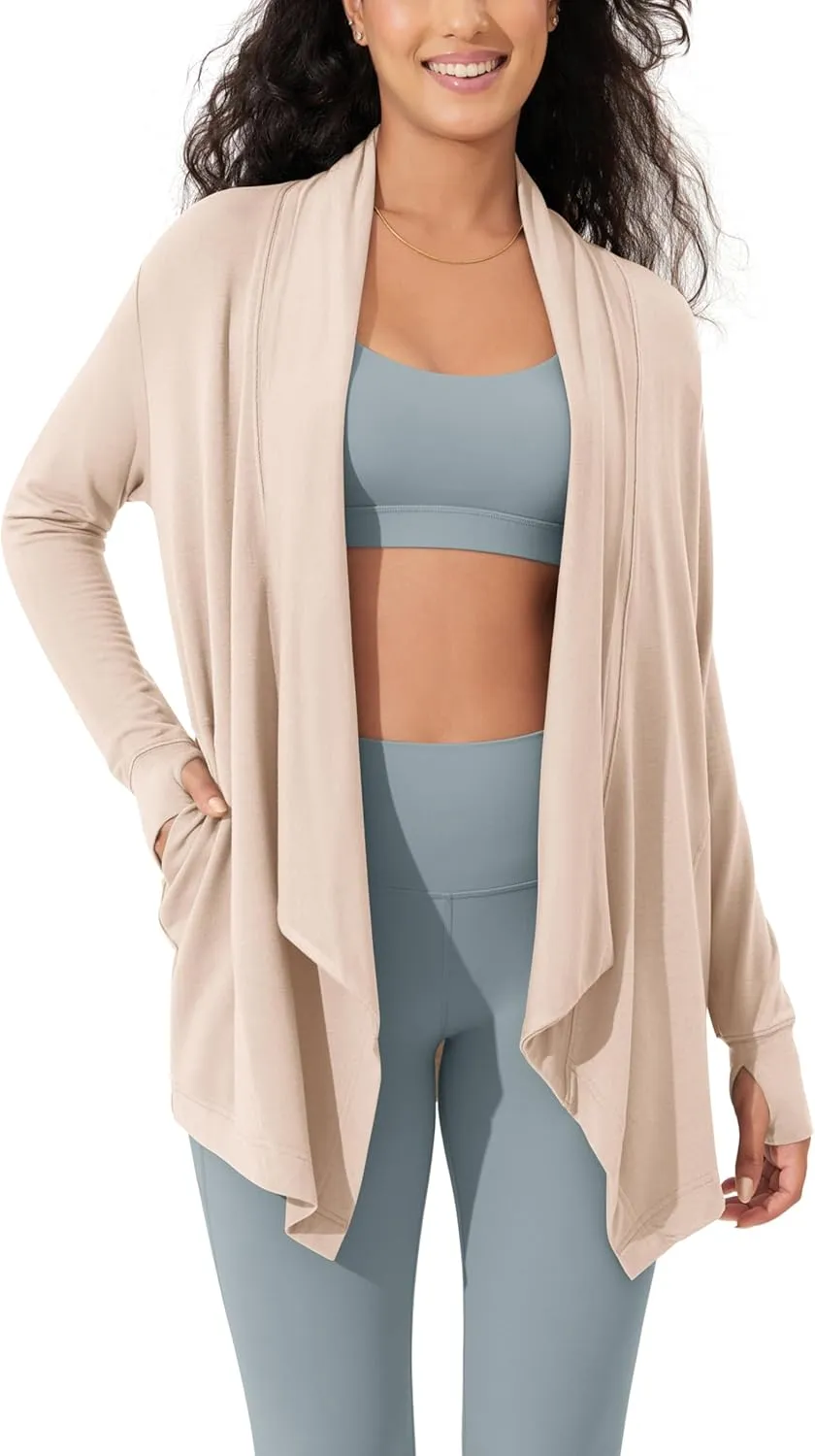 ODODOS Women's Drape Open Front Cardigans Cozy Soft Long Sleeve Casual Wrap Outerwear with Pockets Thumb Hole