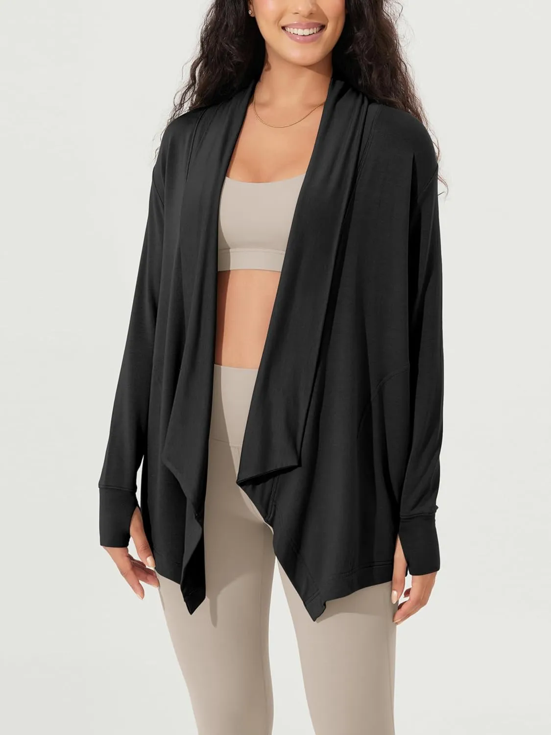 ODODOS Women's Drape Open Front Cardigans Cozy Soft Long Sleeve Casual Wrap Outerwear with Pockets Thumb Hole