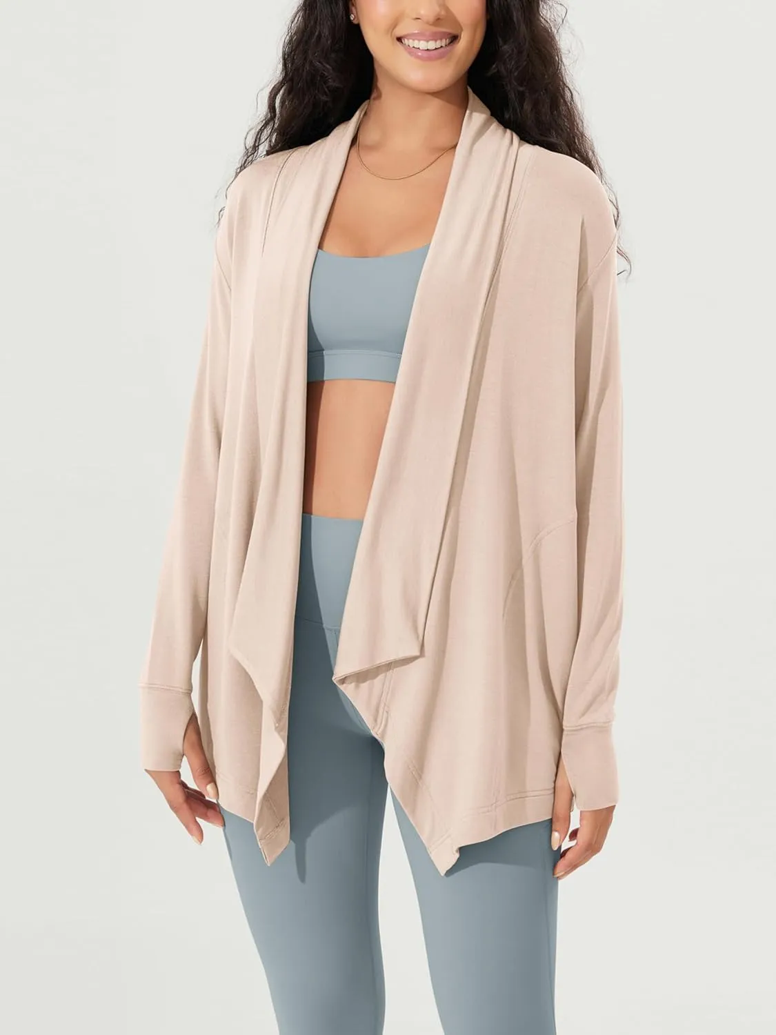 ODODOS Women's Drape Open Front Cardigans Cozy Soft Long Sleeve Casual Wrap Outerwear with Pockets Thumb Hole