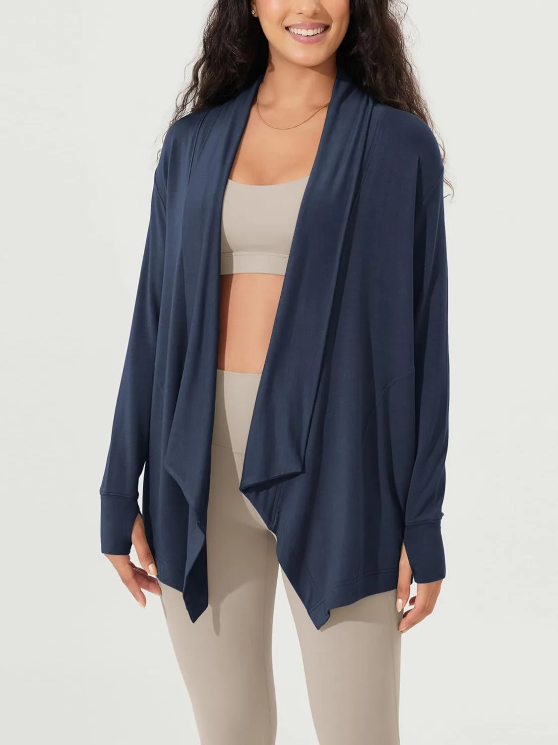ODODOS Women's Drape Open Front Cardigans Cozy Soft Long Sleeve Casual Wrap Outerwear with Pockets Thumb Hole