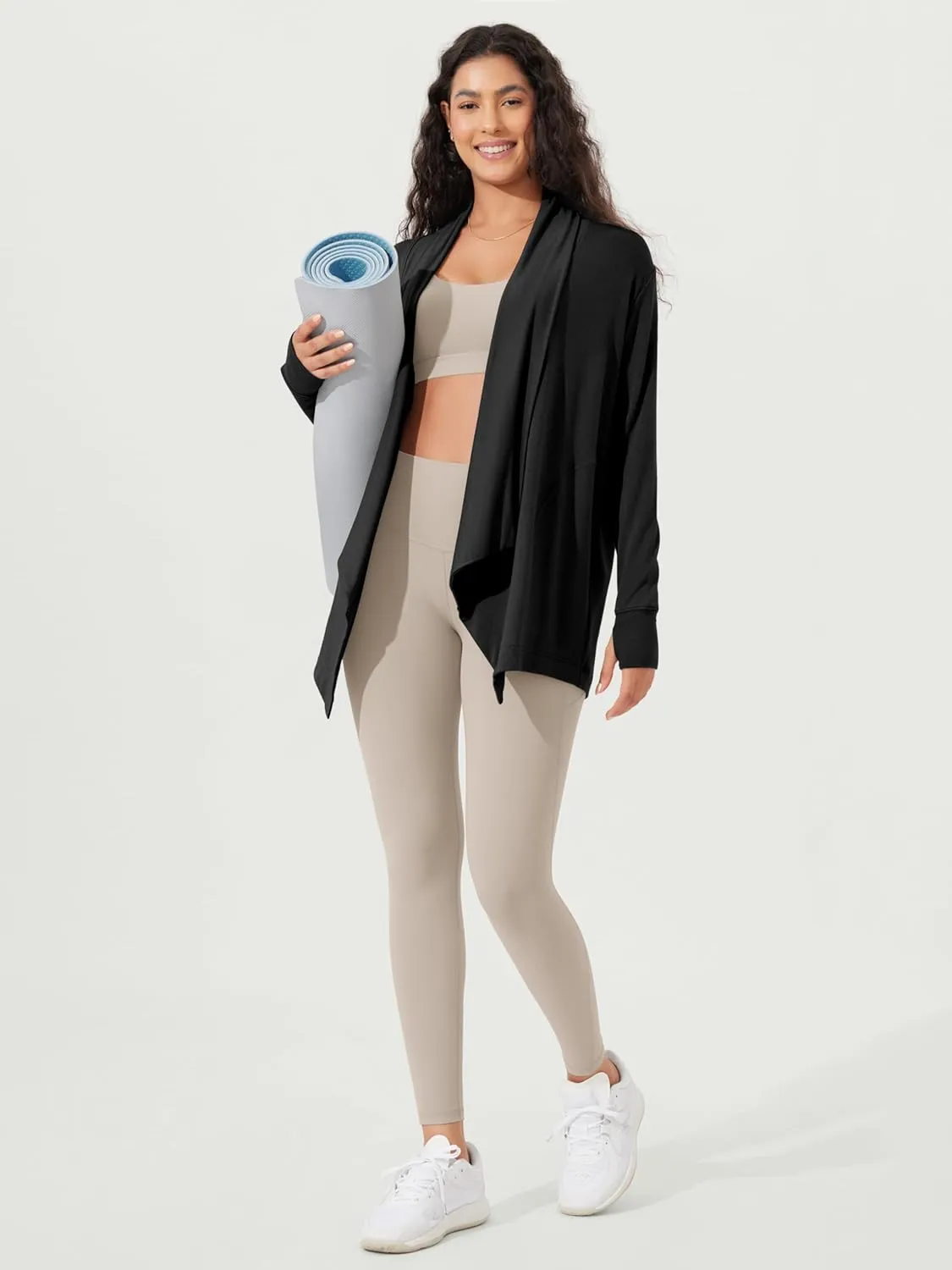ODODOS Women's Drape Open Front Cardigans Cozy Soft Long Sleeve Casual Wrap Outerwear with Pockets Thumb Hole
