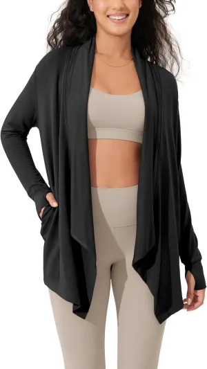 ODODOS Women's Drape Open Front Cardigans Cozy Soft Long Sleeve Casual Wrap Outerwear with Pockets Thumb Hole