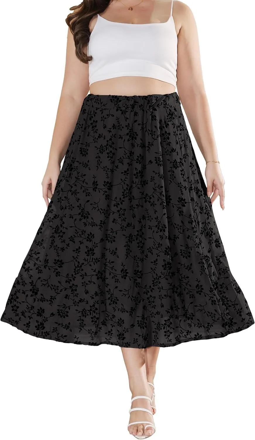 Othyroce Women's Plus Size Maxi Skirt A-Line Floral High Waisted Flowy Summer Long Skirt 3D Posy Double-Layered Midi Skirt