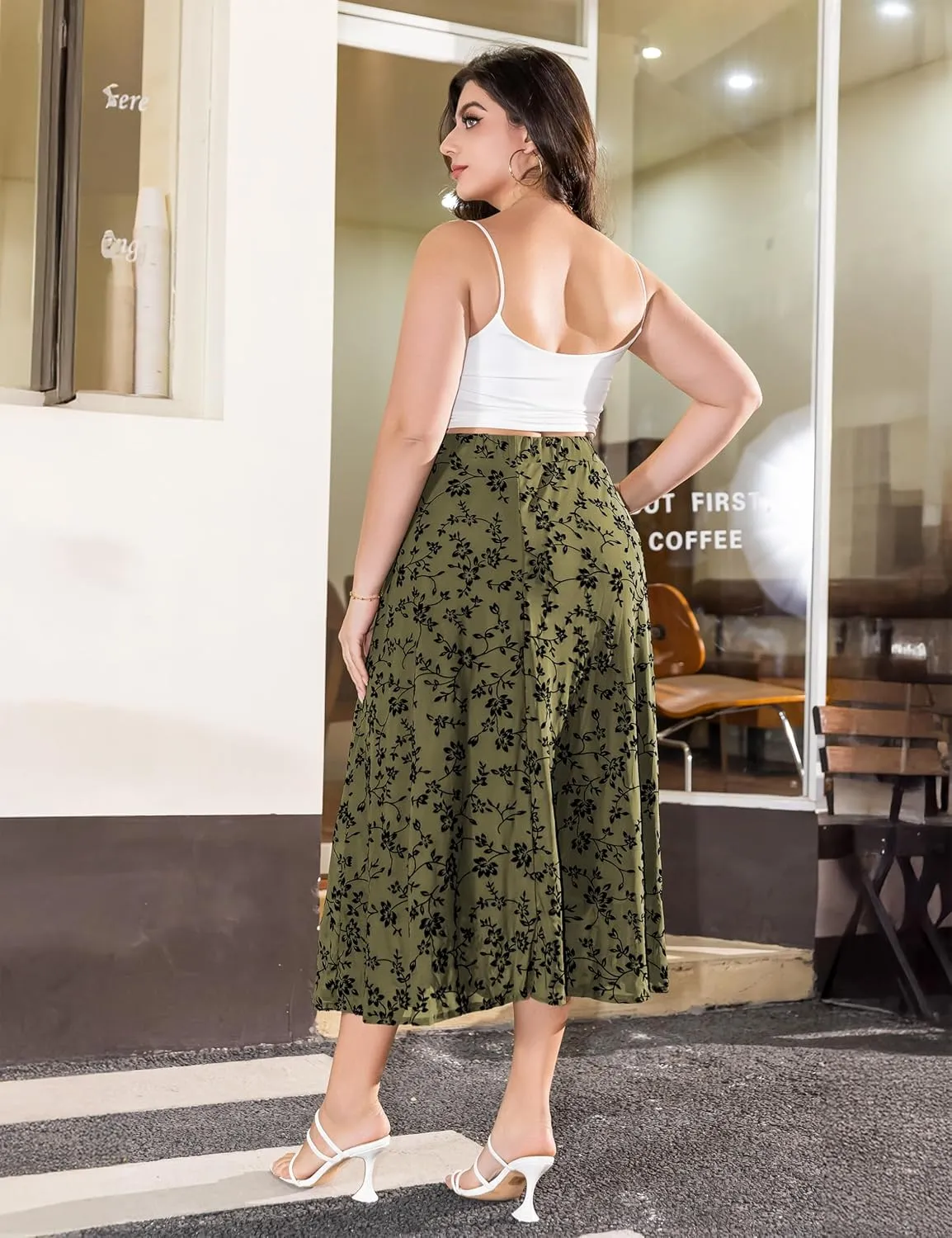 Othyroce Women's Plus Size Maxi Skirt A-Line Floral High Waisted Flowy Summer Long Skirt 3D Posy Double-Layered Midi Skirt