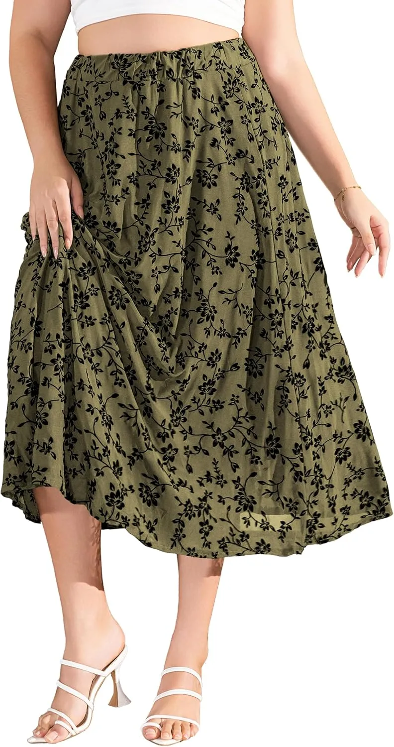 Othyroce Women's Plus Size Maxi Skirt A-Line Floral High Waisted Flowy Summer Long Skirt 3D Posy Double-Layered Midi Skirt