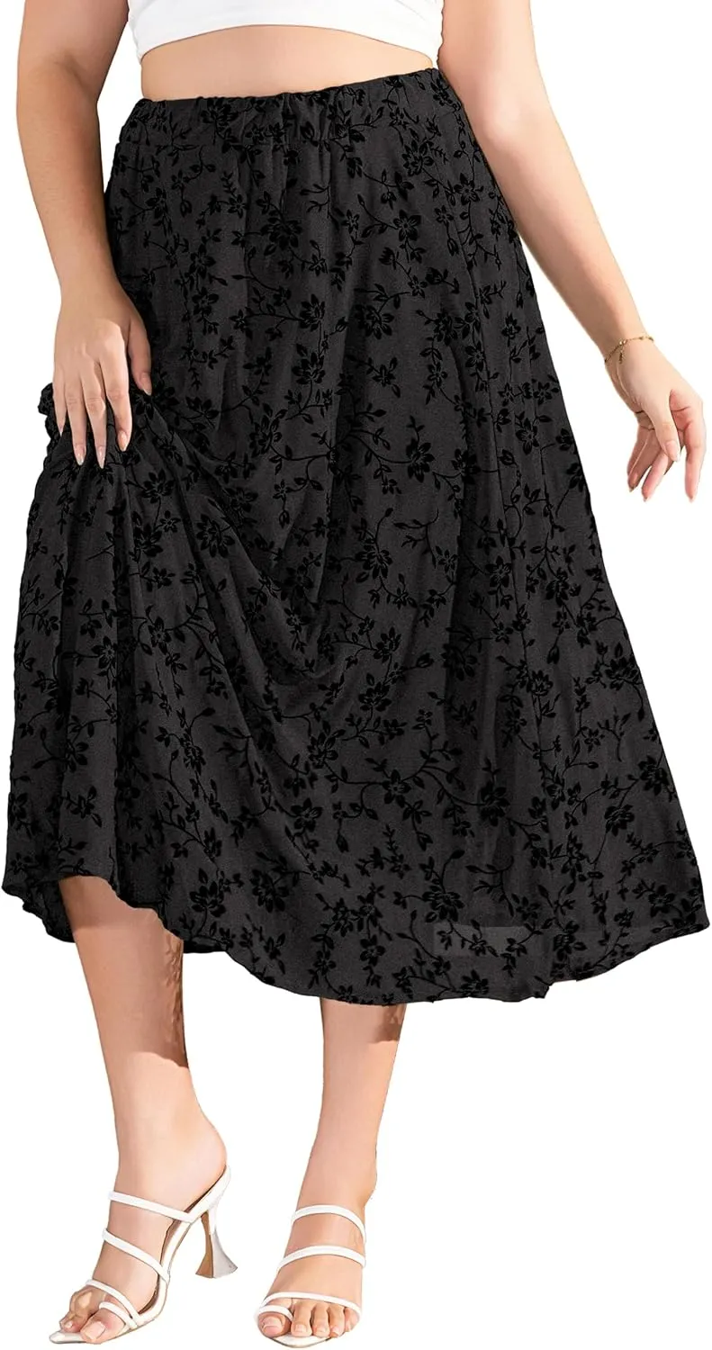 Othyroce Women's Plus Size Maxi Skirt A-Line Floral High Waisted Flowy Summer Long Skirt 3D Posy Double-Layered Midi Skirt