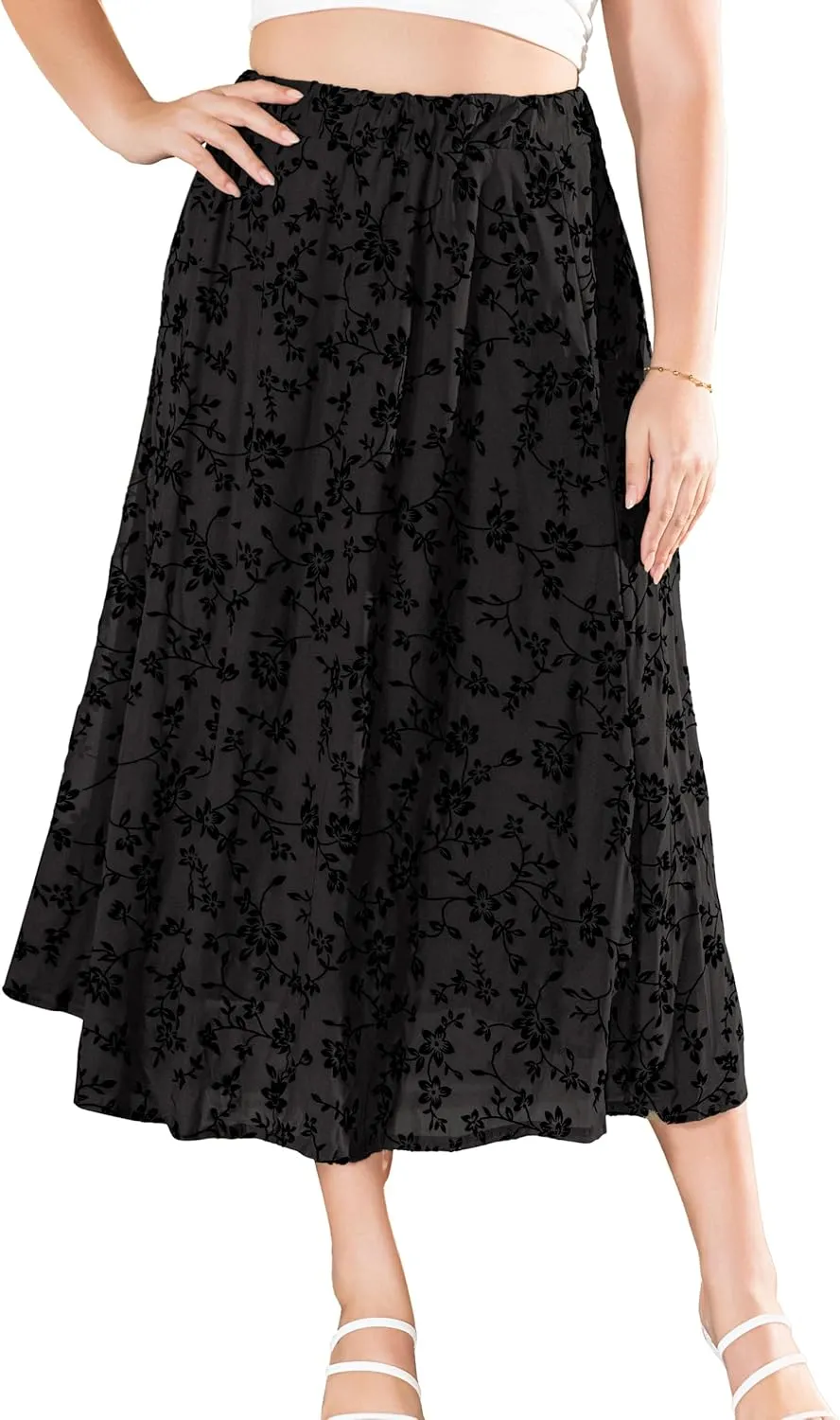 Othyroce Women's Plus Size Maxi Skirt A-Line Floral High Waisted Flowy Summer Long Skirt 3D Posy Double-Layered Midi Skirt