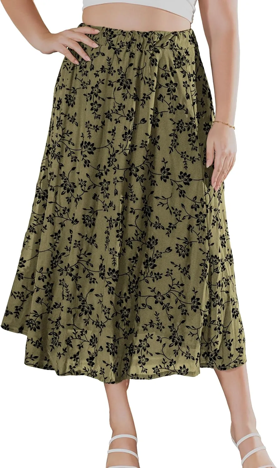 Othyroce Women's Plus Size Maxi Skirt A-Line Floral High Waisted Flowy Summer Long Skirt 3D Posy Double-Layered Midi Skirt