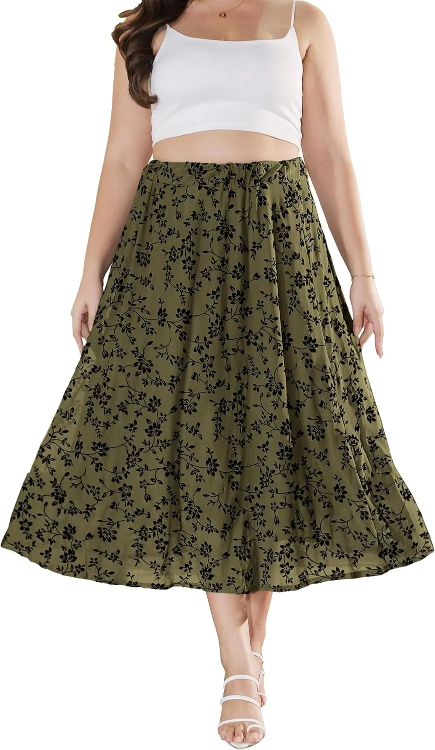 Othyroce Women's Plus Size Maxi Skirt A-Line Floral High Waisted Flowy Summer Long Skirt 3D Posy Double-Layered Midi Skirt