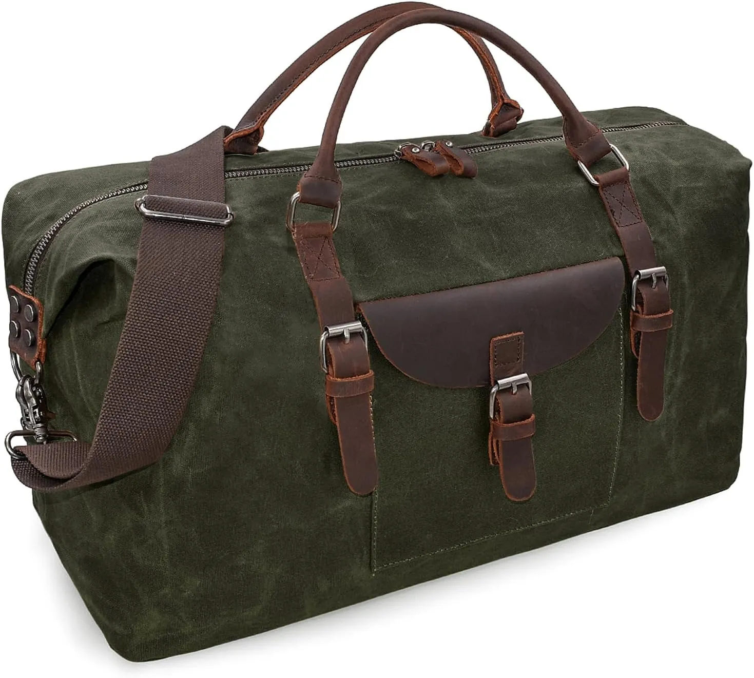 Oversized Travel Duffel Bag Waterproof Canvas Genuine Leather Weekend bag Weekender Overnight Carryon Hand Bag, Dark Green