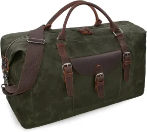 Oversized Travel Duffel Bag Waterproof Canvas Genuine Leather Weekend bag Weekender Overnight Carryon Hand Bag, Dark Green