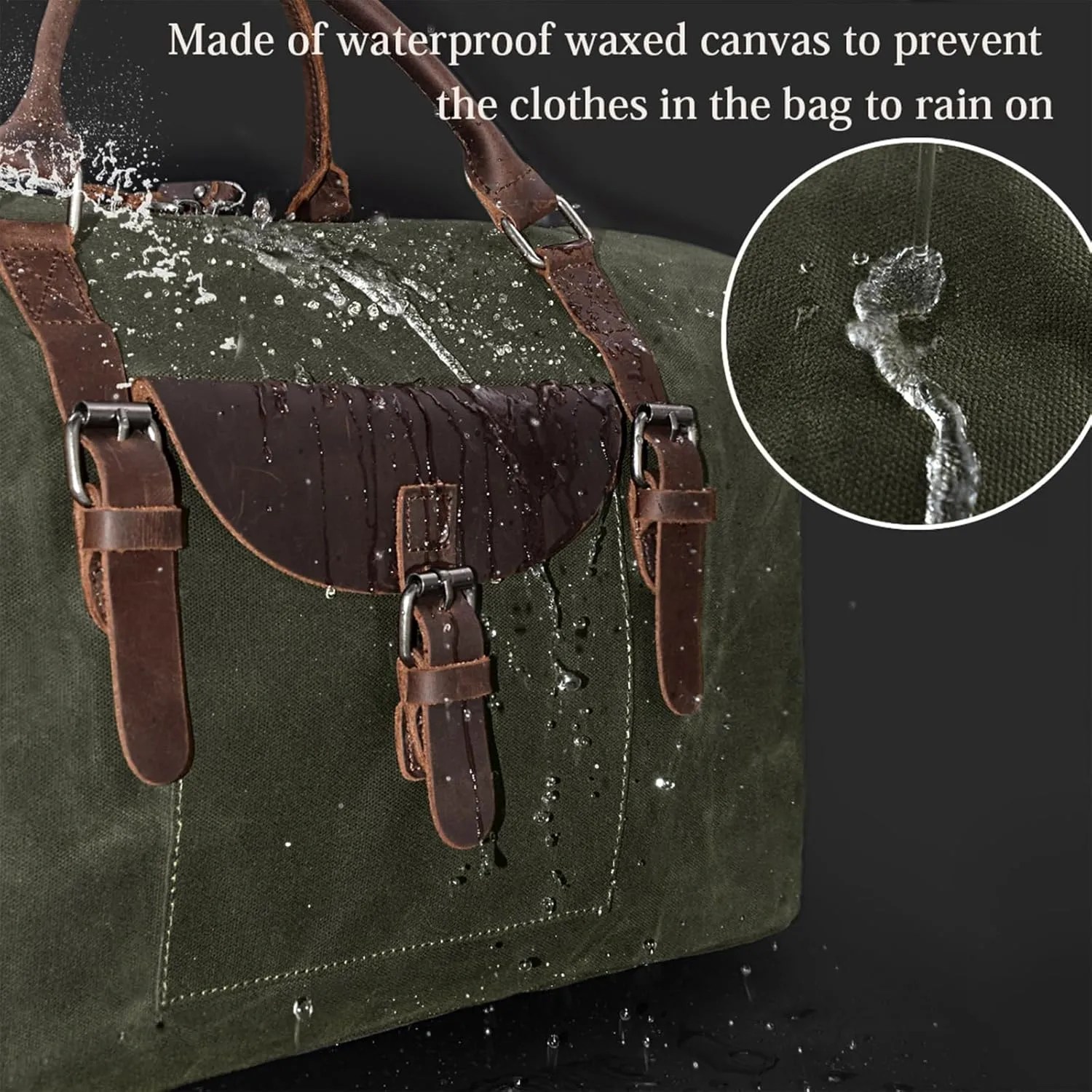 Oversized Travel Duffel Bag Waterproof Canvas Genuine Leather Weekend bag Weekender Overnight Carryon Hand Bag, Dark Green
